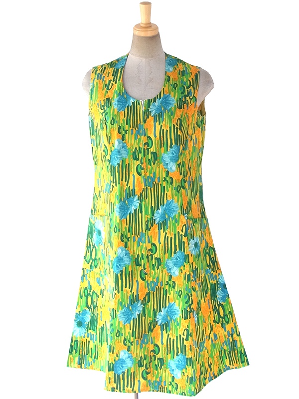 ヨーロッパ古着 ロンドン買い付け 60年代製 イエロー X グリーン・水色 花柄 フロントジップ ワンピース 17OM621