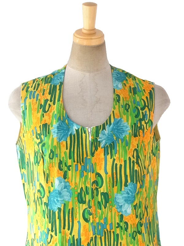 ヨーロッパ古着 ロンドン買い付け 60年代製 イエロー X グリーン・水色 花柄 フロントジップ ワンピース 17OM621