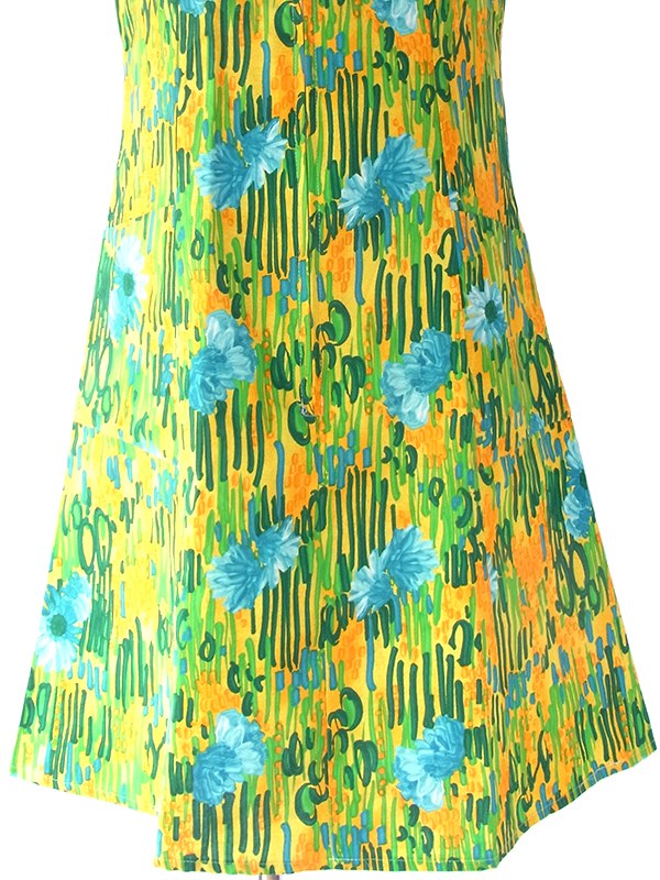 ヨーロッパ古着 ロンドン買い付け 60年代製 イエロー X グリーン・水色 花柄 フロントジップ ワンピース 17OM621