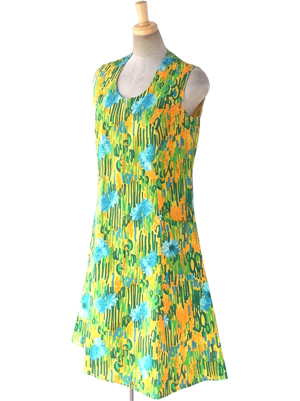 ヨーロッパ古着 ロンドン買い付け 60年代製 イエロー X グリーン・水色 花柄 フロントジップ ワンピース 17OM621