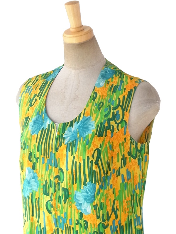 ヨーロッパ古着 ロンドン買い付け 60年代製 イエロー X グリーン・水色 花柄 フロントジップ ワンピース 17OM621