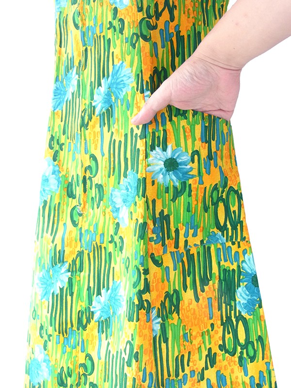 ヨーロッパ古着 ロンドン買い付け 60年代製 イエロー X グリーン・水色 花柄 フロントジップ ワンピース 17OM621