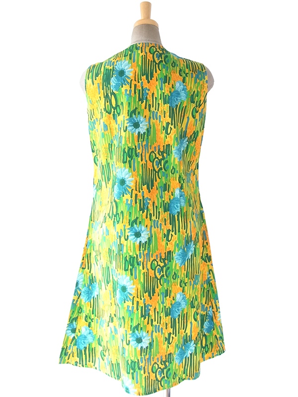 ヨーロッパ古着 ロンドン買い付け 60年代製 イエロー X グリーン・水色 花柄 フロントジップ ワンピース 17OM621