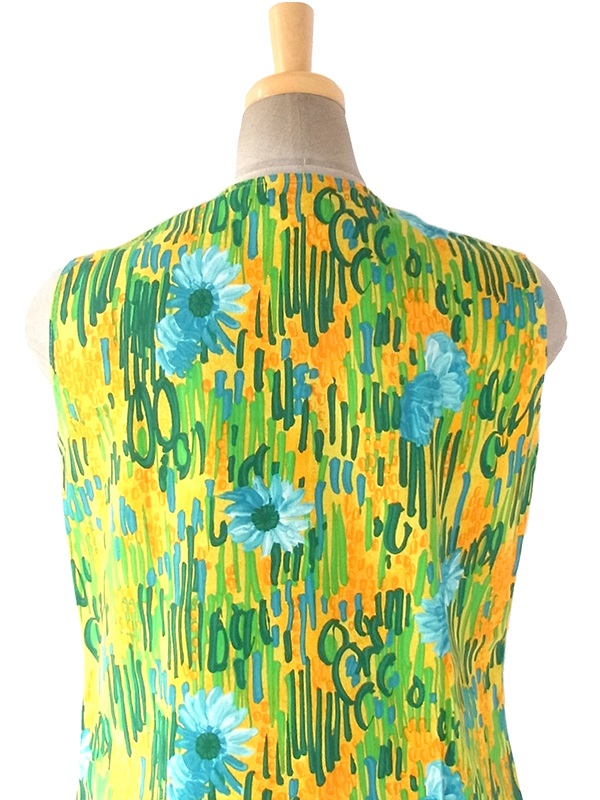 ヨーロッパ古着 ロンドン買い付け 60年代製 イエロー X グリーン・水色 花柄 フロントジップ ワンピース 17OM621