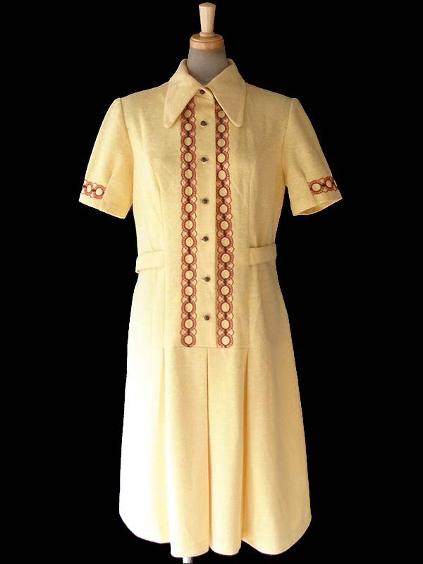 送料無料 ロンドン買い付け 60年代製 レモンイエロ X ブラウン レトロ柄刺繍 ウール ワンピース 17om701 ヨーロッパ古着