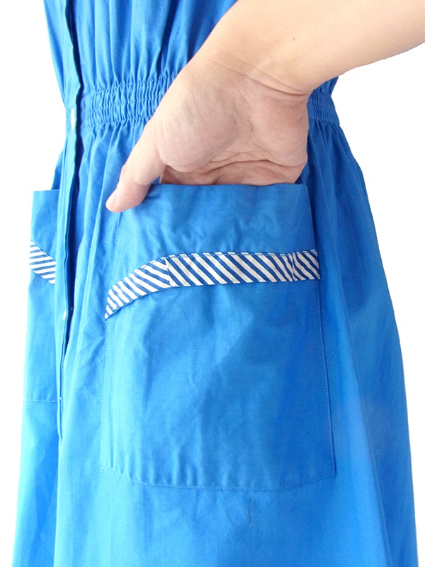 【送料無料】60年代フランス製 水色 X ホワイト・ブルー ストライプ ポケット付き デッドストック ワンピース 17OM731【未使用品】
