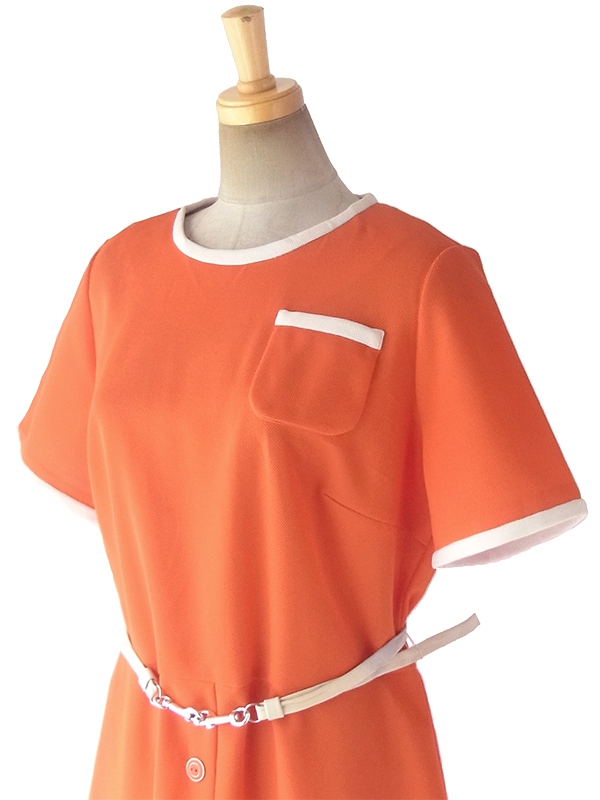 ヨーロッパ古着 ロンドン買い付け 60年代製 オレンジ X ホワイト ポケット・ベルト付き レトロ ワンピース 17OM801