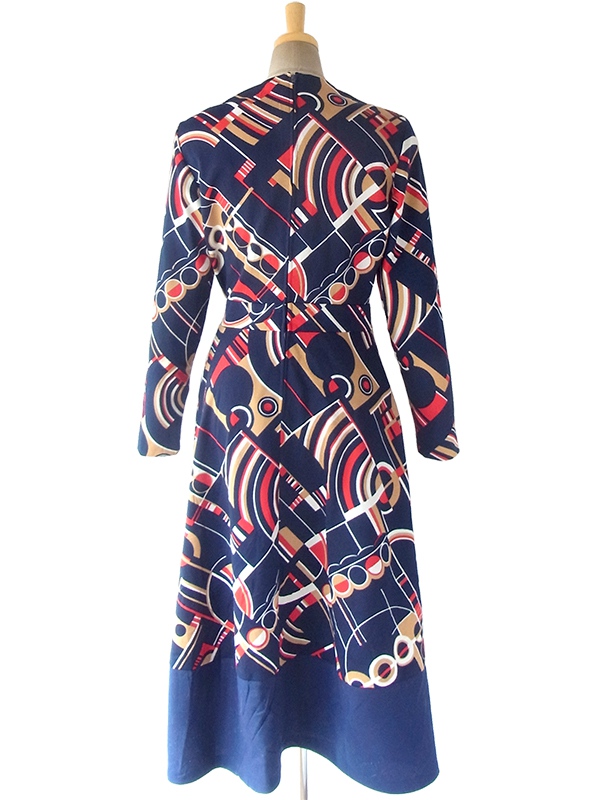 ヨーロッパ古着 ロンドン買い付け 70年代製 ネイビー X レッド・ホワイト・ベージュ レトロ柄 固定ベルト付き ワンピース 17OM803