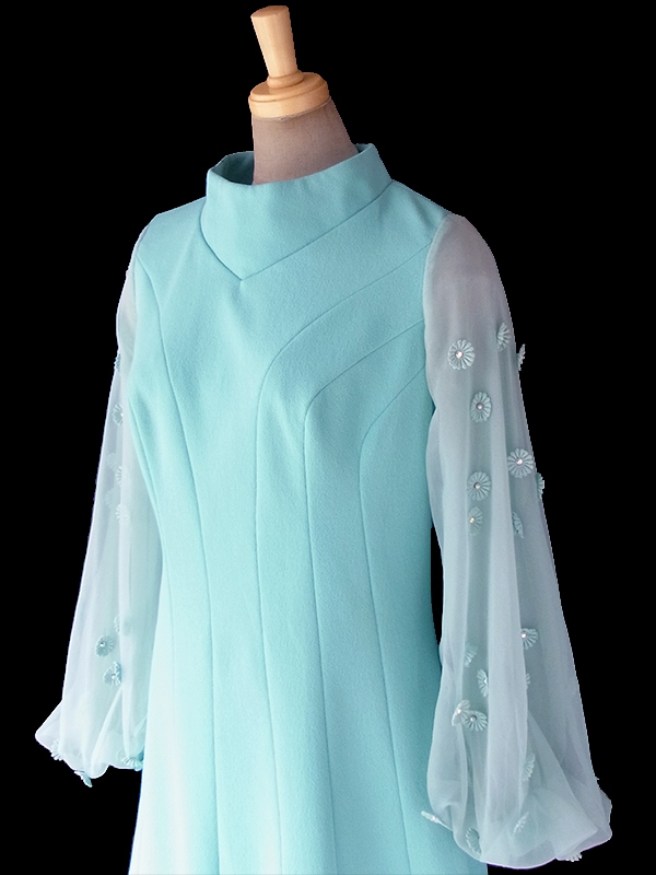 ヨーロッパ古着 ロンドン買い付け 60年代製 水色 X シフォン地袖 マーガレット装飾 ヴィンテージ ドレス 17OM817