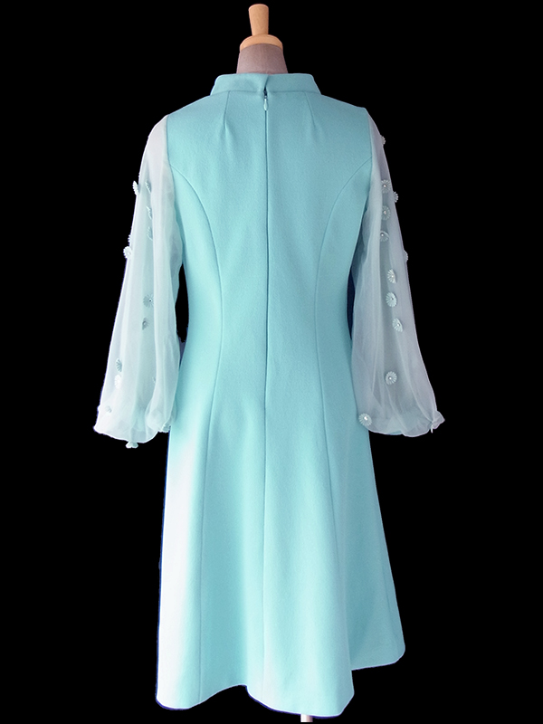 ヨーロッパ古着 ロンドン買い付け 60年代製 水色 X シフォン地袖 マーガレット装飾 ヴィンテージ ドレス 17OM817
