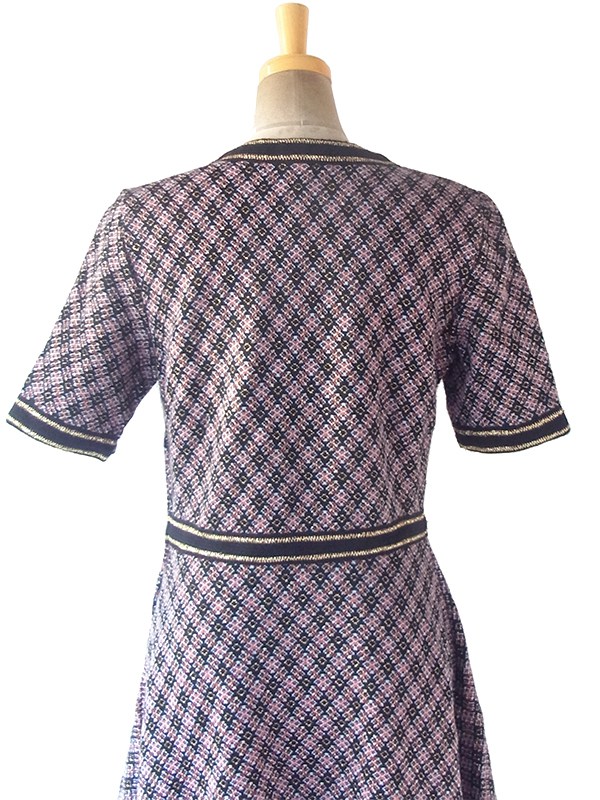 ヨーロッパ古着 ロンドン買い付け 70年代製 ブルー・オレンジ X ゴールドラメ糸 ジャガード織り ヴィンテージ ワンピース 17OM901