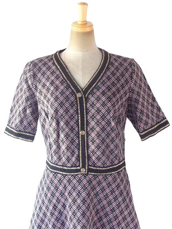 ヨーロッパ古着 ロンドン買い付け 70年代製 ブルー・オレンジ X ゴールドラメ糸 ジャガード織り ヴィンテージ ワンピース 17OM901