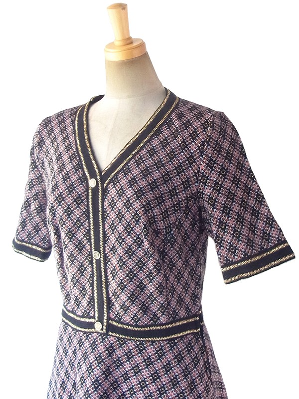 ヨーロッパ古着 ロンドン買い付け 70年代製 ブルー・オレンジ X ゴールドラメ糸 ジャガード織り ヴィンテージ ワンピース 17OM901