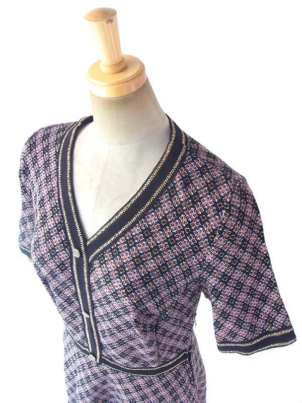 ヨーロッパ古着 ロンドン買い付け 70年代製 ブルー・オレンジ X ゴールドラメ糸 ジャガード織り ヴィンテージ ワンピース 17OM901