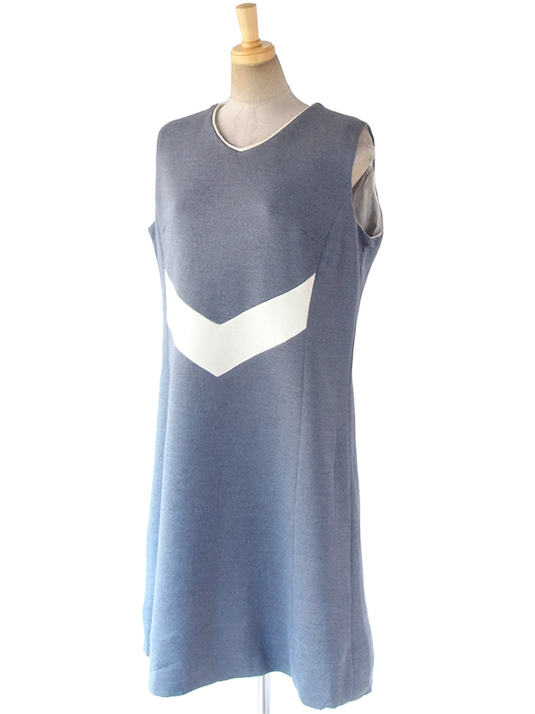 ヨーロッパ古着 ロンドン買い付け 60年代製 グレイ X ホワイト バイアス柄 ウール ワンピース 17OM902