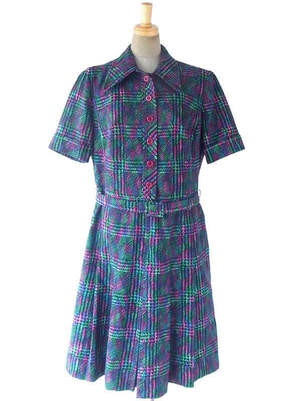 ヨーロッパ古着 ロンドン買い付け 70年代製 グリーン・ピンク・パープル X レトロ柄 共布ベルト付き ヴィンテージ ワンピース 17OM909