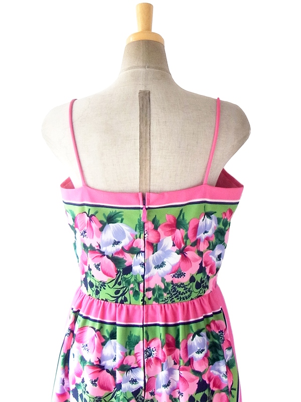 ヨーロッパ古着 ロンドン買い付け 70年代製 ピンク X グリーン 花柄 ヴィンテージ ストラップ ワンピース 18BS001