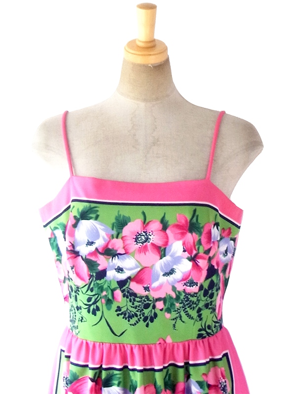 ヨーロッパ古着 ロンドン買い付け 70年代製 ピンク X グリーン 花柄 ヴィンテージ ストラップ ワンピース 18BS001