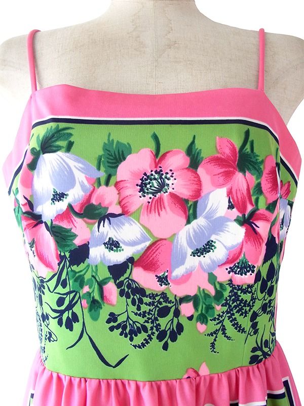 ヨーロッパ古着 ロンドン買い付け 70年代製 ピンク X グリーン 花柄 ヴィンテージ ストラップ ワンピース 18BS001