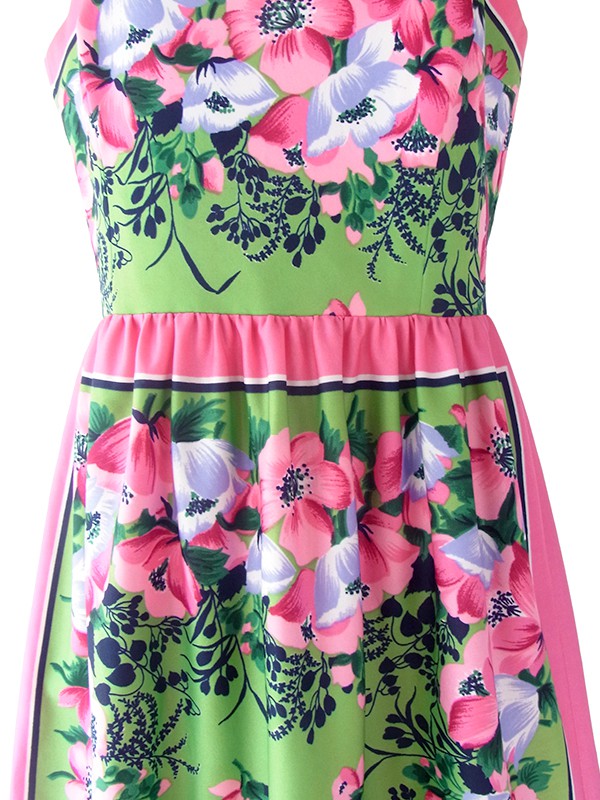 ヨーロッパ古着 ロンドン買い付け 70年代製 ピンク X グリーン 花柄 ヴィンテージ ストラップ ワンピース 18BS001