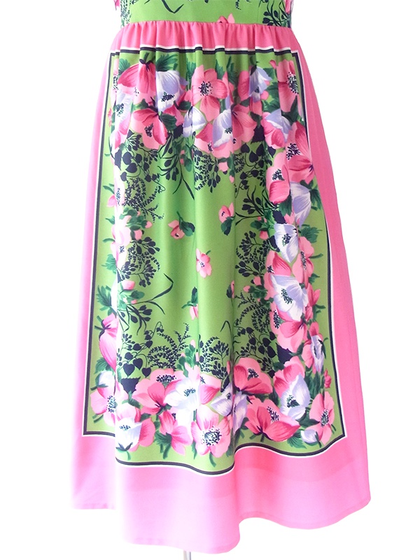 ヨーロッパ古着 ロンドン買い付け 70年代製 ピンク X グリーン 花柄 ヴィンテージ ストラップ ワンピース 18BS001