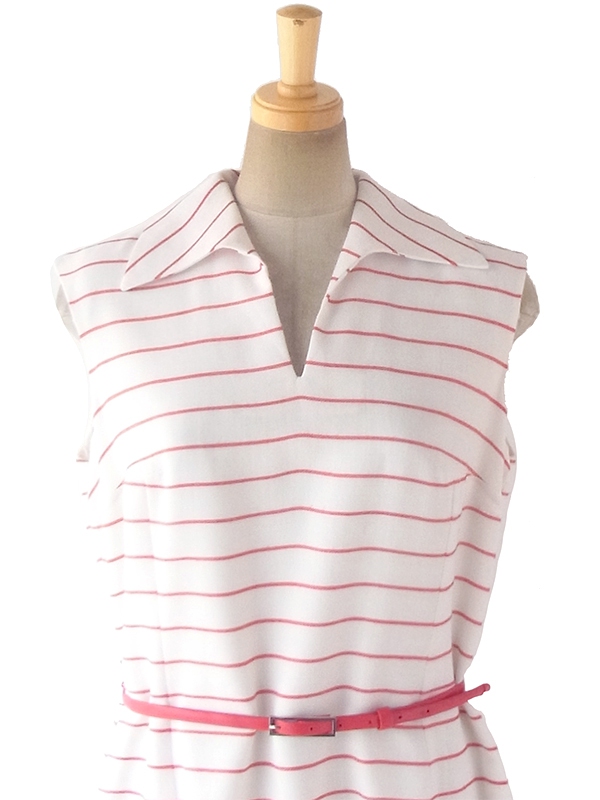 ヨーロッパ古着 ロンドン買い付け 60年代製 ホワイト X トリコロール ボーダー刺繍 ベルト付き ヴィンテージ ワンピース 18BS005