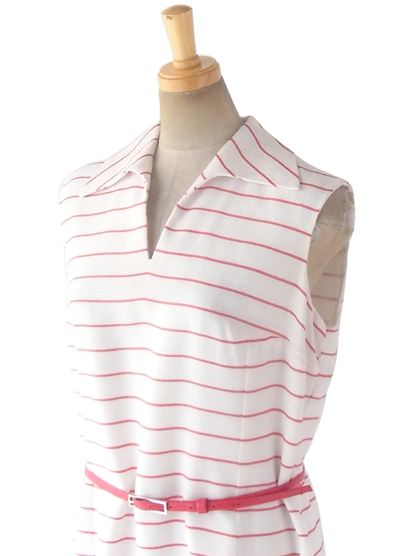 ヨーロッパ古着 ロンドン買い付け 60年代製 ホワイト X トリコロール ボーダー刺繍 ベルト付き ヴィンテージ ワンピース 18BS005