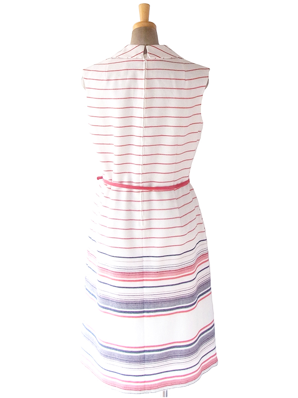 ヨーロッパ古着 ロンドン買い付け 60年代製 ホワイト X トリコロール ボーダー刺繍 ベルト付き ヴィンテージ ワンピース 18BS005