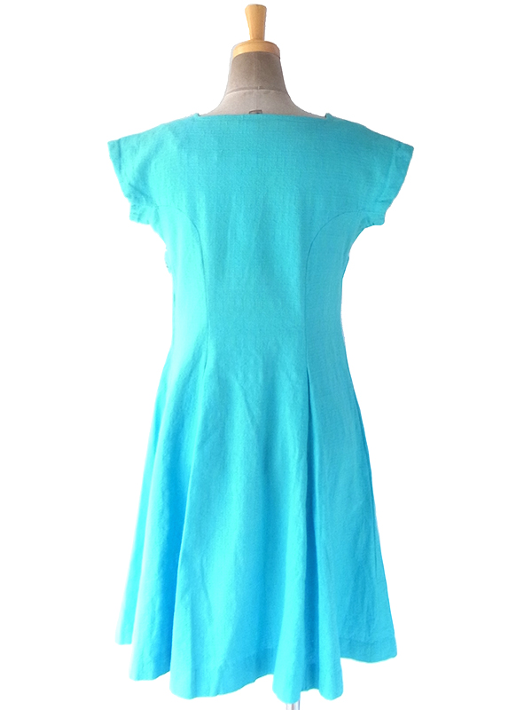 【送料無料】ヨーロッパ古着 ロンドン買い付け 60年代製 水色 X ホワイト刺繍・ラインストーン リボン付き ヴィンテージ ワンピース 18BS011【ヨーロッパ古着】