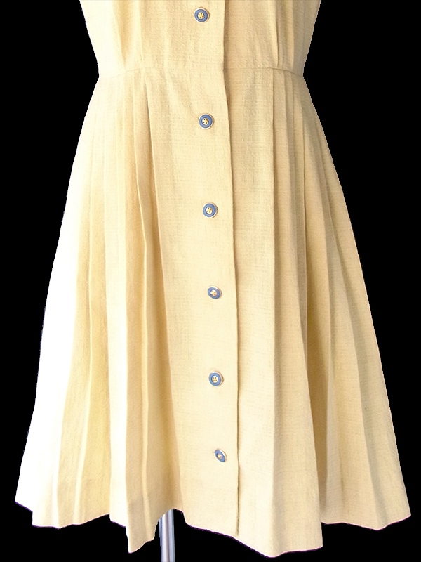ヨーロッパ古着 ロンドン買い付け 60年代製 レモン色 X ブルーボタン プリーツ ワンピース 18BS023