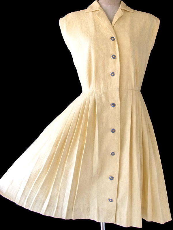 ヨーロッパ古着 ロンドン買い付け 60年代製 レモン色 X ブルーボタン プリーツ ワンピース 18BS023