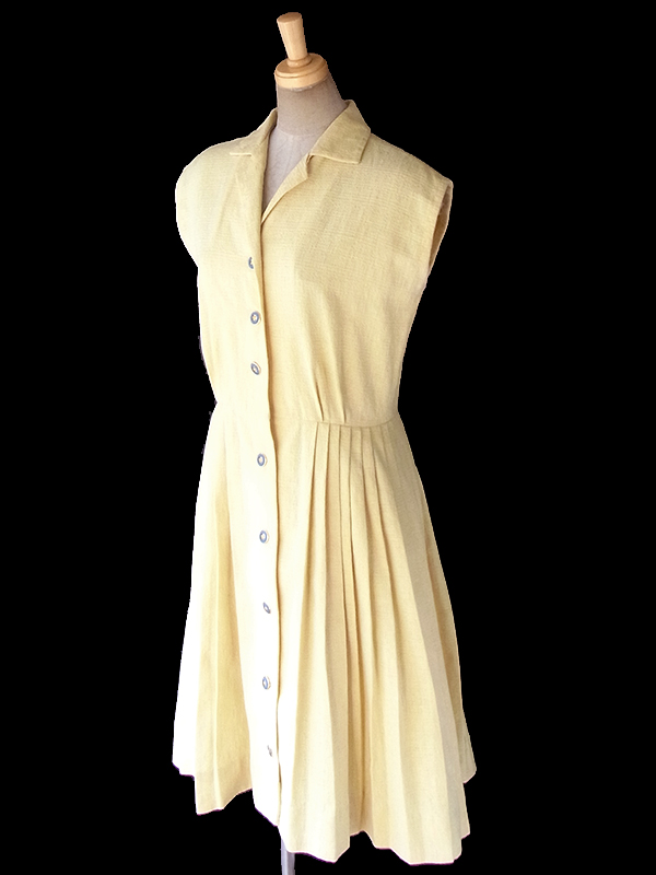 ヨーロッパ古着 ロンドン買い付け 60年代製 レモン色 X ブルーボタン プリーツ ワンピース 18BS023