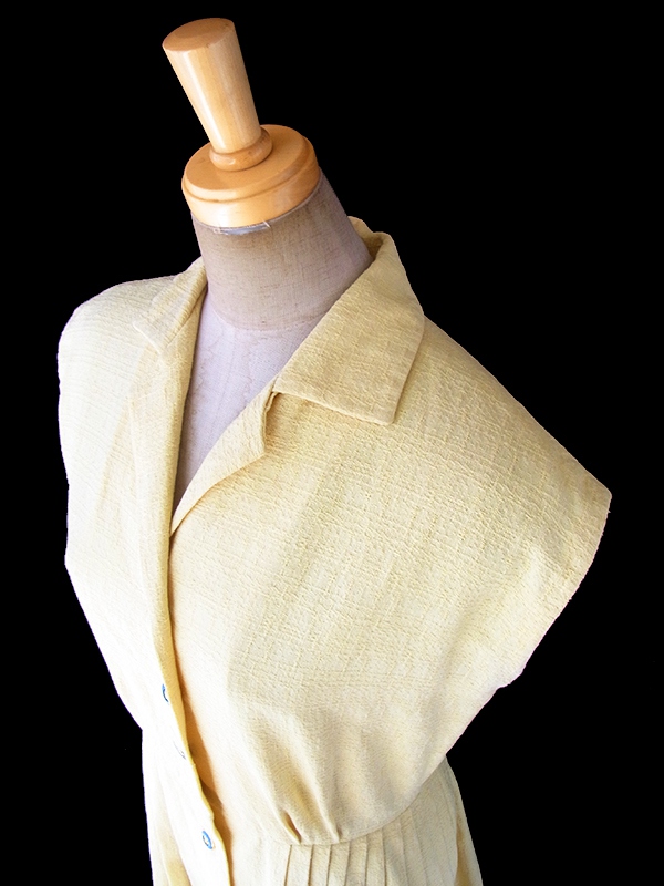 ヨーロッパ古着 ロンドン買い付け 60年代製 レモン色 X ブルーボタン プリーツ ワンピース 18BS023