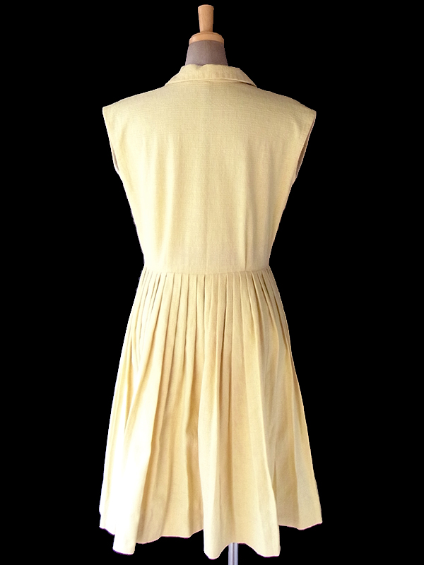 ヨーロッパ古着 ロンドン買い付け 60年代製 レモン色 X ブルーボタン プリーツ ワンピース 18BS023