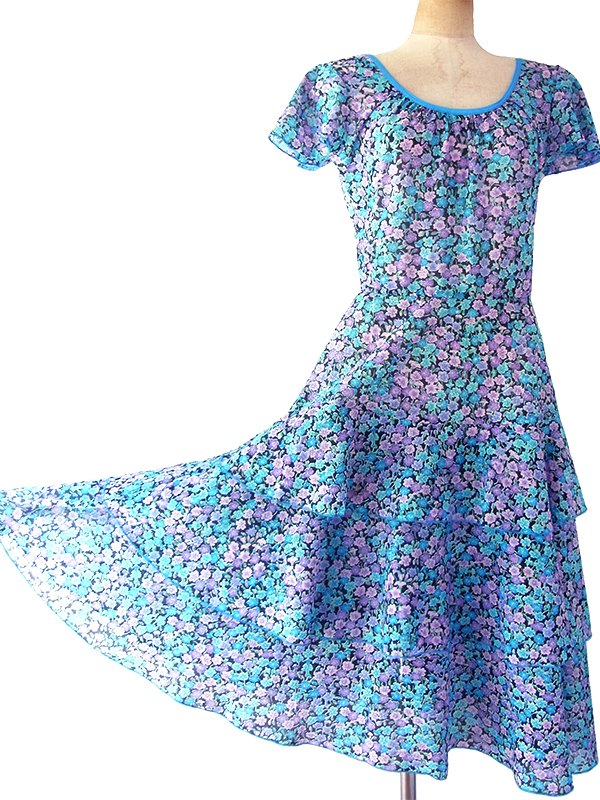 ヨーロッパ古着 ロンドン買い付け 70年代製 ブラック X ブルー・パープル 小花柄 ライニング ティアード ワンピース 18BS102