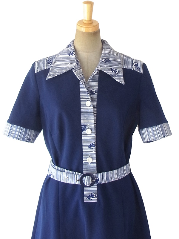 ヨーロッパ古着 ロンドン買い付け 70年代製 ネイビー X ホワイト 花柄・ボーダー 共布ベルト付き ヴィンテージ ワンピース 18BS104