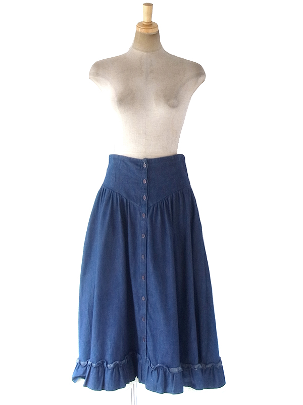 70年代製 GUNNE SAX GUNNIES インディゴ X 裾元カットレーステープ デニム　スカート 18BS128