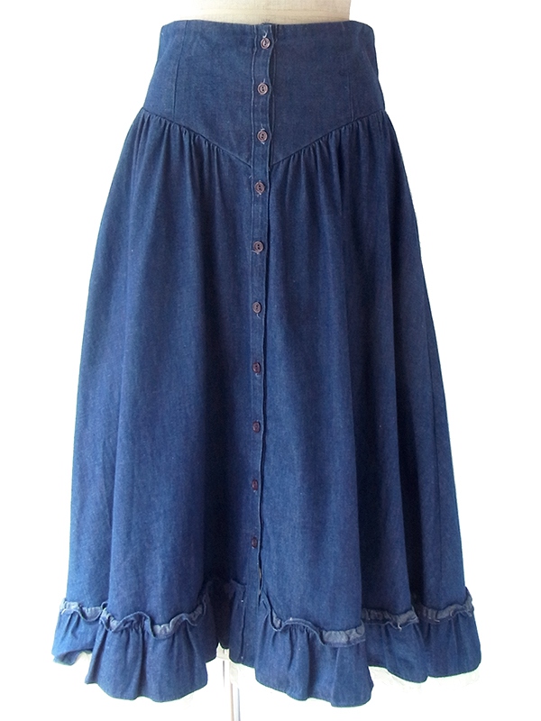 70年代製 GUNNE SAX GUNNIES インディゴ X 裾元カットレーステープ デニム　スカート 18BS128