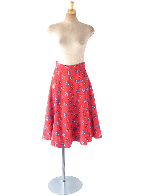 ヨーロッパ古着 ロンドン買い付け 60年代製 レッド X カラフル花柄 裾元ホワイト縁取り フレア スカート 18BS135
