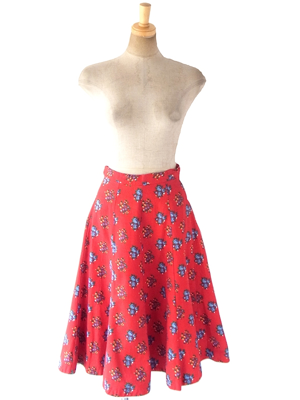ヨーロッパ古着 ロンドン買い付け 60年代製 レッド X カラフル花柄 裾元ホワイト縁取り フレア スカート 18BS135