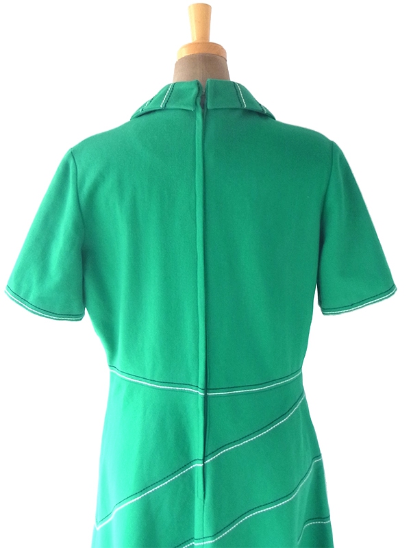 ヨーロッパ古着 ロンドン買い付け 60年代製 グリーン X スカーフタイ ステッチデザイン ウール ワンピース 18BS213