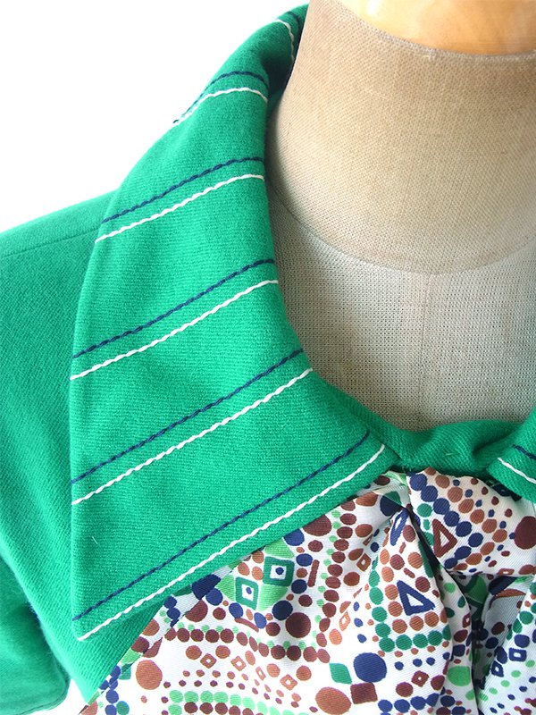 ヨーロッパ古着 ロンドン買い付け 60年代製 グリーン X スカーフタイ ステッチデザイン ウール ワンピース 18BS213