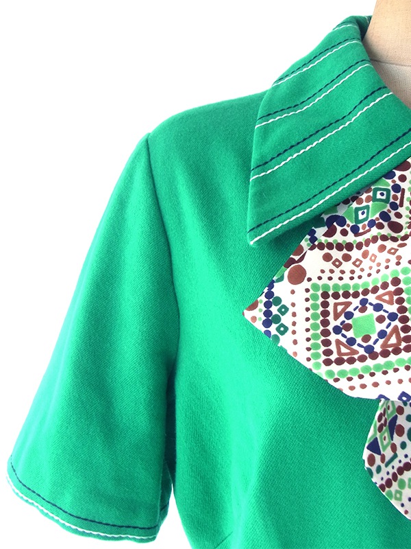 ヨーロッパ古着 ロンドン買い付け 60年代製 グリーン X スカーフタイ ステッチデザイン ウール ワンピース 18BS213