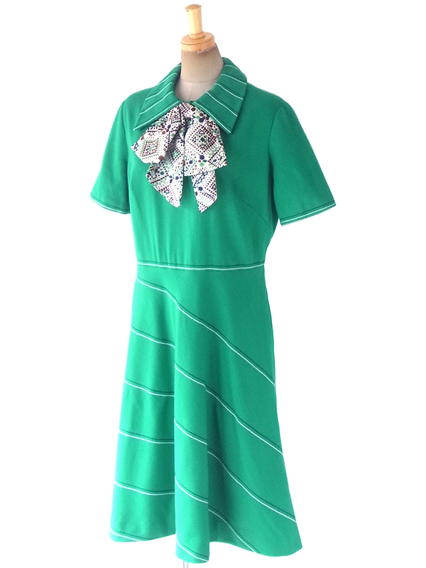 ヨーロッパ古着 ロンドン買い付け 60年代製 グリーン X スカーフタイ ステッチデザイン ウール ワンピース 18BS213