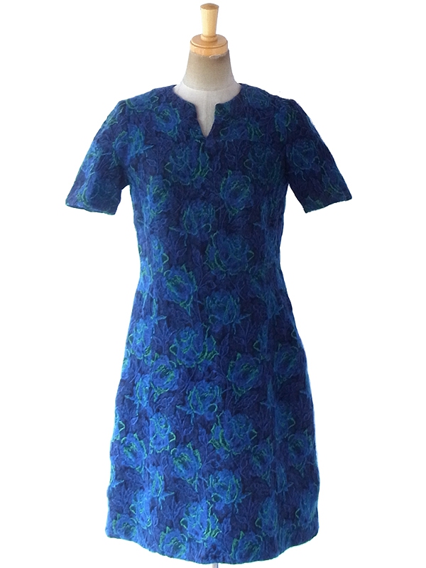 送料無料 ロンドン買い付け 60年代製 ロイヤルブルー X エメラルドグリーン 花柄織 ヴィンテージ ウール ドレス 18bs301 ヨーロッパ古着