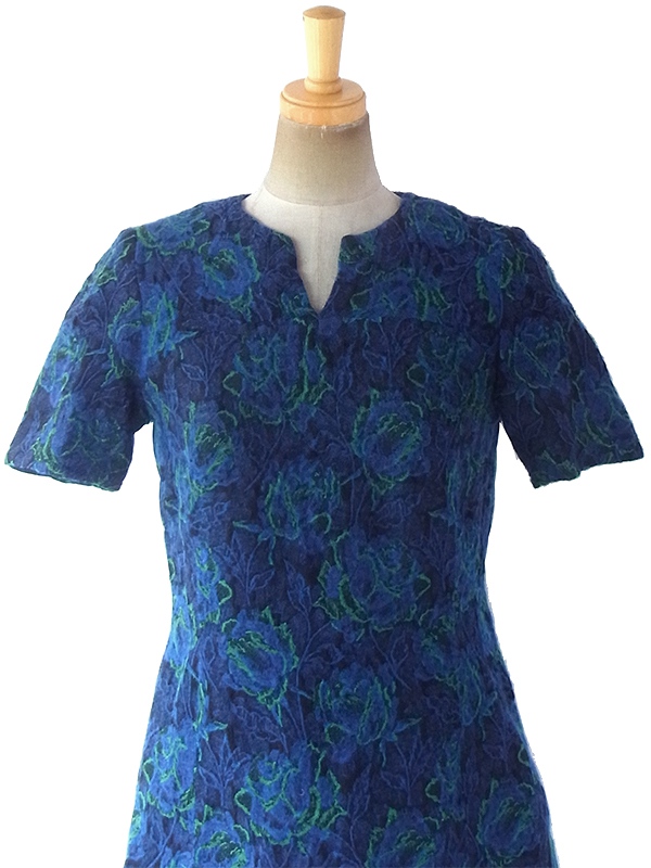ヨーロッパ古着 ロンドン買い付け 60年代製 ロイヤルブルー X エメラルドグリーン 花柄織 ヴィンテージ ウール ドレス 18BS301