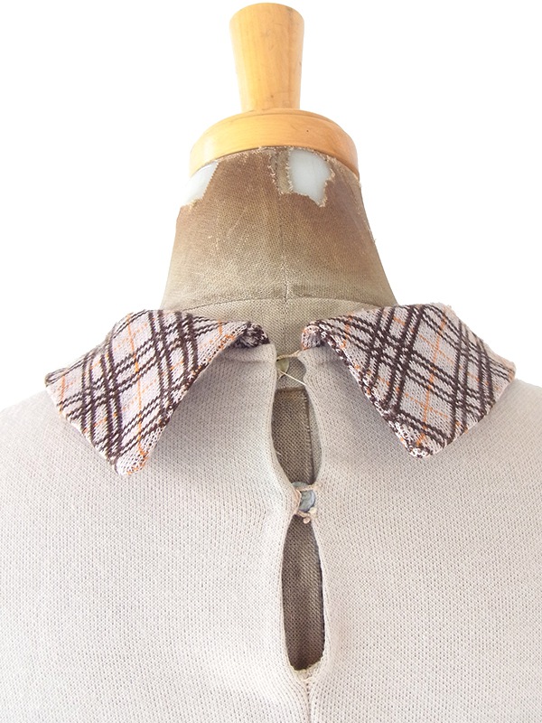 ヨーロッパ古着 60年代イタリア製 ベージュ X チェック柄 切り返し ベルト飾り ヴィンテージ ワンピース 18BS312