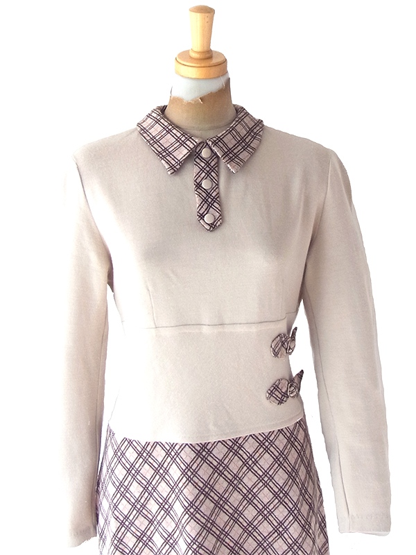 ヨーロッパ古着 60年代イタリア製 ベージュ X チェック柄 切り返し ベルト飾り ヴィンテージ ワンピース 18BS312