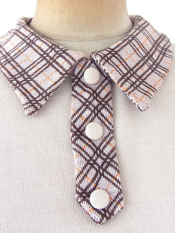 ヨーロッパ古着 60年代イタリア製 ベージュ X チェック柄 切り返し ベルト飾り ヴィンテージ ワンピース 18BS312