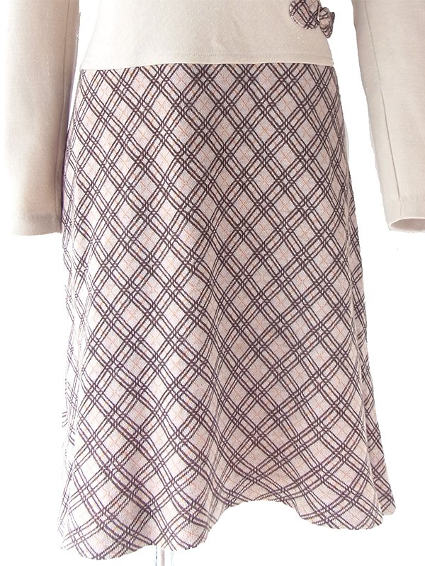 ヨーロッパ古着 60年代イタリア製 ベージュ X チェック柄 切り返し ベルト飾り ヴィンテージ ワンピース 18BS312